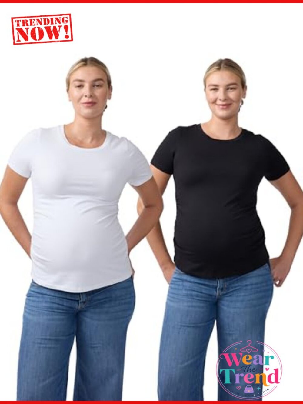 Maternity T-Shirts 2 Pack Cotton Blend Side Ruching Crew Neck